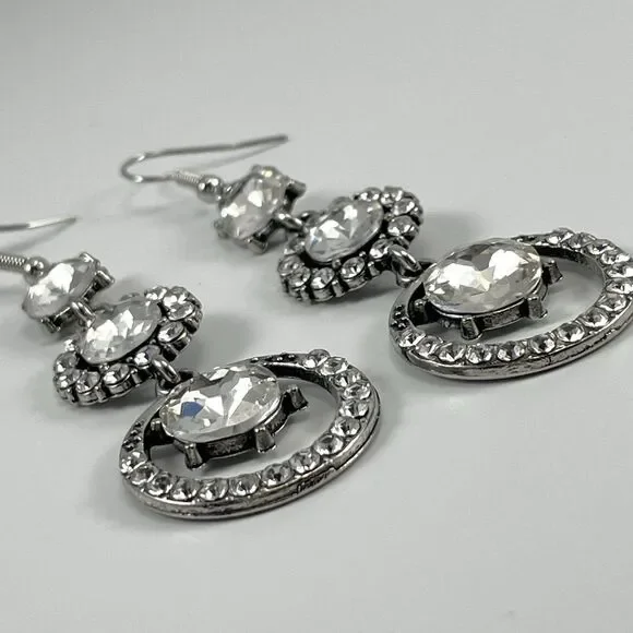 Silver Tone Boho Dangle Earrings White Glass Halo Round Rhinestones Bling - Picture 3 of 7